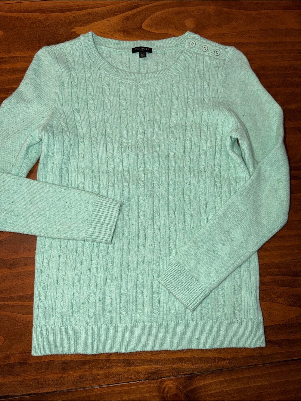 Talbots Petite SP Mint Green Cable Knit Sweater Shoulder Button Crewneck Preppy